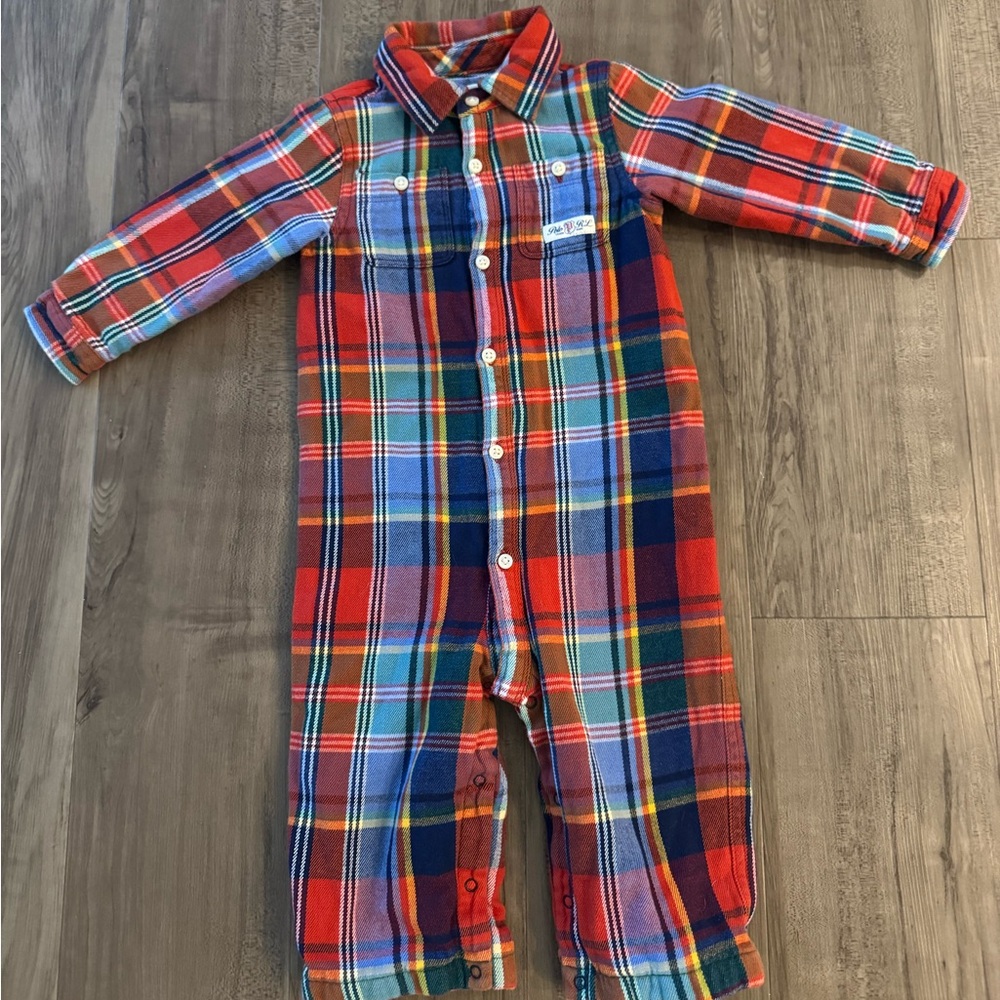 Ralph Lauren Baby One-Piece. Coverall Romper. Cotton Red and Blue Plaid Size:12M